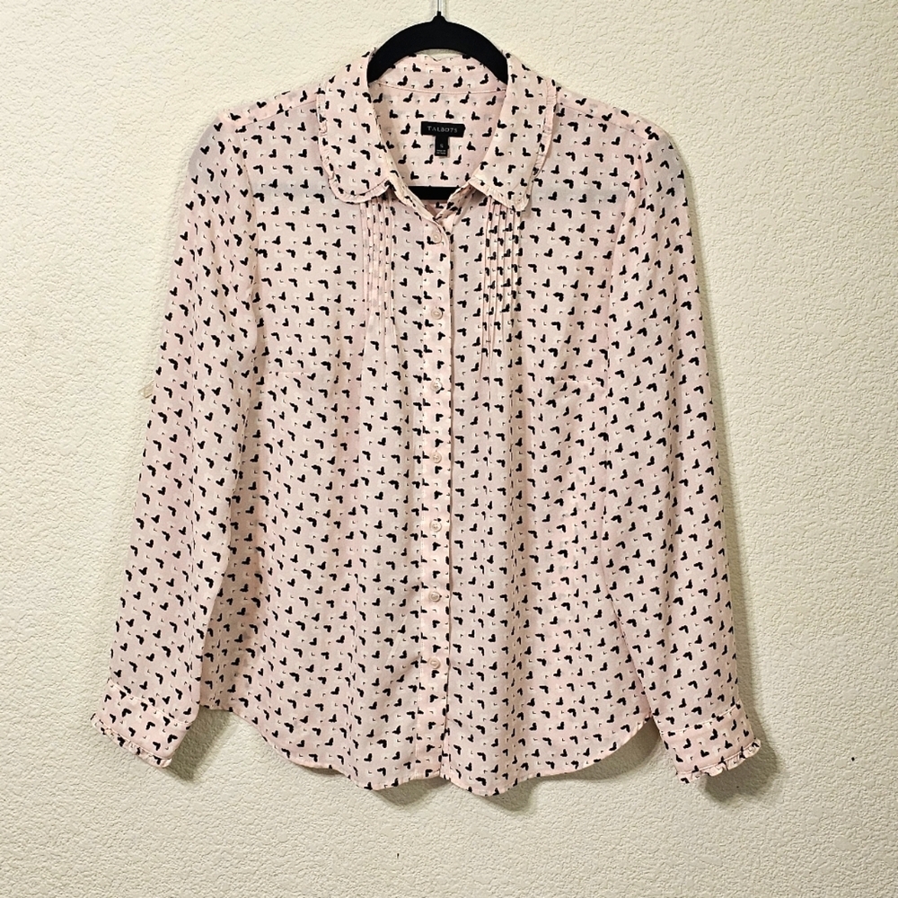 Talbots Blouse Womens S  Pink Butterfly Ruffle Long Sleeve Button Up Top